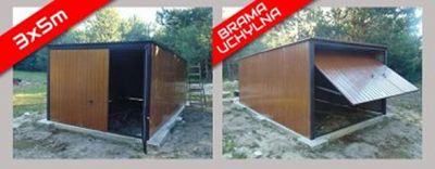 Garaż 3x5 w kolorze złoty dąb, spad dachu do tyłu. Brama uchylna plus drzwiczki w bramie.